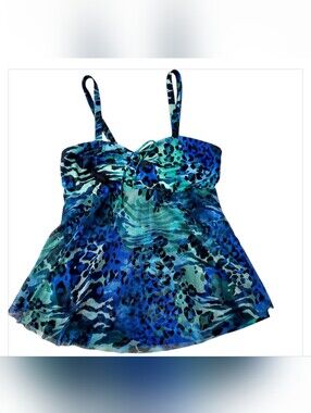 Del Raya Blue & Teal Animal Print Tankini Swim Top Sz 10